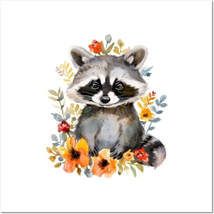 Summer Flowers Raccoon Watercolor Posters and Art